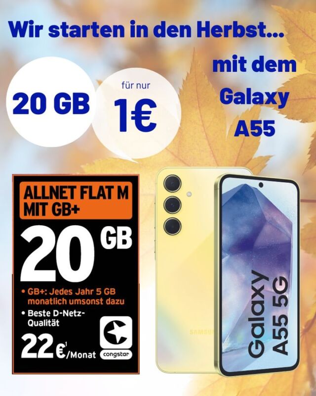 Unser Herbstangebot 🍂🍁

Sichere dir das Samsung Galaxy A55 5G zum Knallerpreis von nur 1 €!*

Dieses und mehr Angebote bekommst du bei uns. 
Sichere dir jetzt deinen unverbindlichen Beratungstermin ohne Wartezeit ➡ https://shopseite.telekom.de/west/hagen/mittelstr-1