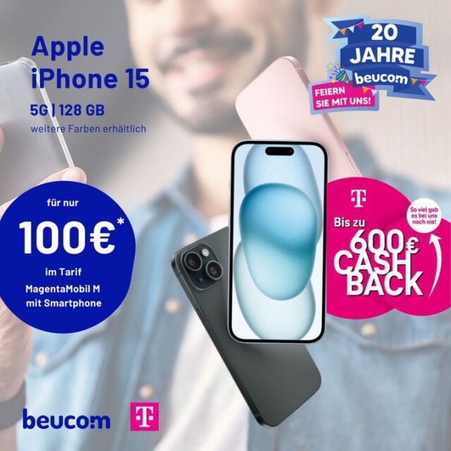 Unser Auftakt Angebot zum 20-jährigen Firmenjubiläum!🥳

Du bekommst das iPhone 15 für einmalig nur 100 € im Tarif MagentaMobil M mit Smartphone für 49,95 € mtl. mit 40 GB

Das ist noch nicht alles. Bei Abschluss eines MagentaMobil Tarifs kannst du dir bis zu 600 € Cashback sichern. 💸

Wie das alles funktioniert? Unsere Experten erklären dir gerne alles ausführlich.
Termin vor Ort ➡ https://shopseite.telekom.de/west/hagen/mittelstr-1
Anruf oder WhatsApp: 02331-37646-100

Feiere mit uns und sichere dir dieses und noch mehr Angebote! 🤝