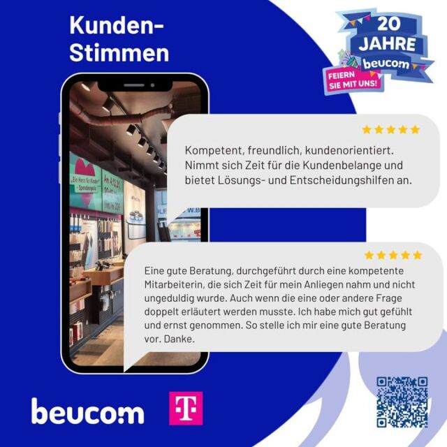 beucom wird 20 🥳 

Zu diesem Anlass veröffentlichen wir 5 Tage lang die Meinung/Stimmen unserer Kunden, welche im Laufe der Jahre zu uns als Unternehmen, unserer Arbeit und den Mitarbeitern abgegeben wurden.

Wir bedanken uns ganz herzlich bei allen für die Jahrelange treue und freuen uns auf viele weitere! 🤝✨