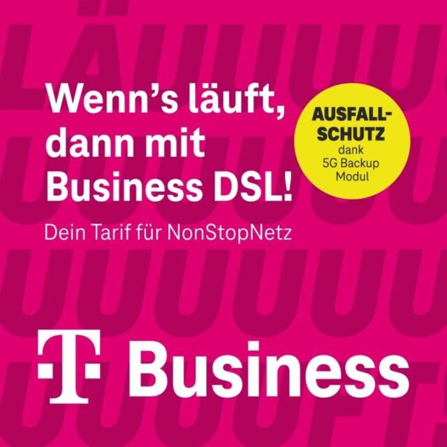 NonStopNetz - Unser neues Business DSL mit Ausfallschutz ✅

Ein Netzausfall kann jedes Unternehmen heftig erwischen. 
Doch damit ist jetzt Schluss! Mit unserem neuen Business DSL Portfolio müssen Sie sich über Ausfälle keine Sorgen mehr machen: Profitieren Sie durch die Kombination aus DSL und der kostenfreien Mobilfunk-Komponente von einer nahezu ausfallsicheren Onlineverbindung. Fällt DSL aus, übernimmt automatisch das Backup-Modul im Mobilfunknetz.

So sind Sie und Ihr Business immer online und erreichbar! 🤝

Lassen Sie sich von unseren Business Experten beraten.